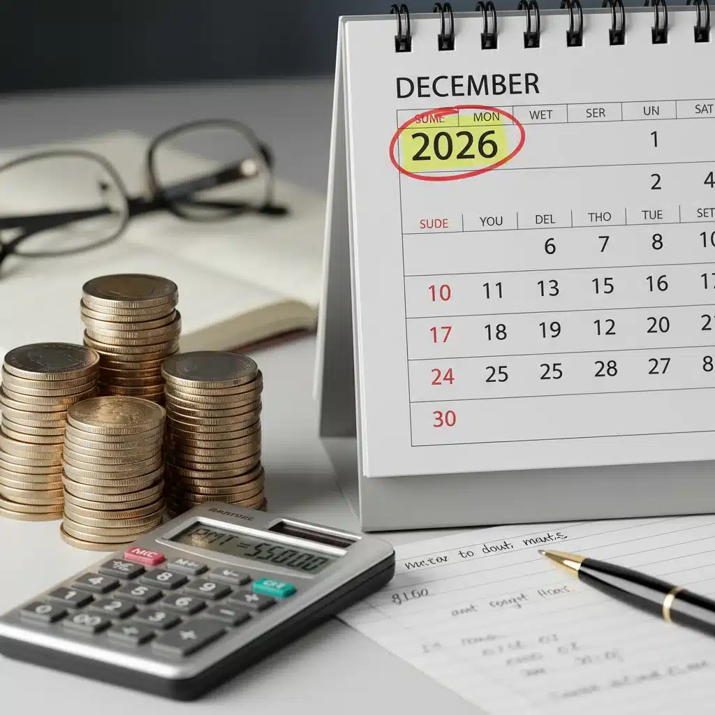 Calendar for 2026 with coins and calculator, illustrating future COLA adjustments for veterans.