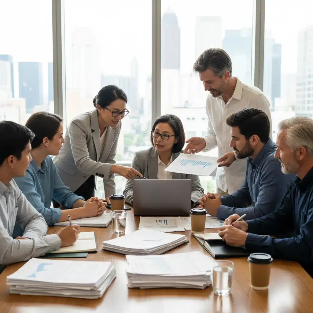 Group of people discussing financial documents, representing homeowners and financial advisors.