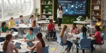 Students learning in a modern classroom, representing K-12 education policy changes.
