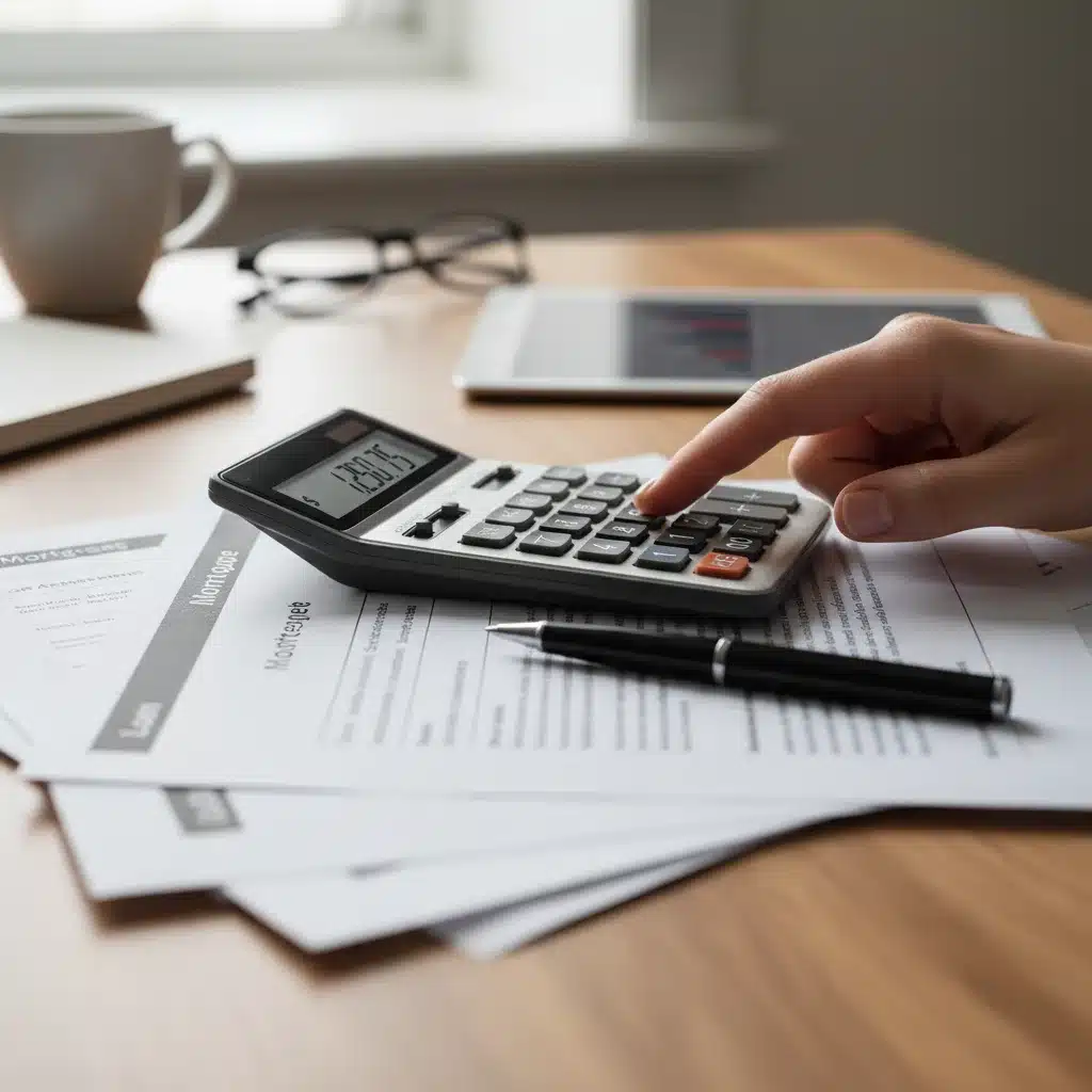 Hand using calculator with mortgage papers, symbolizing financial planning for rate changes.